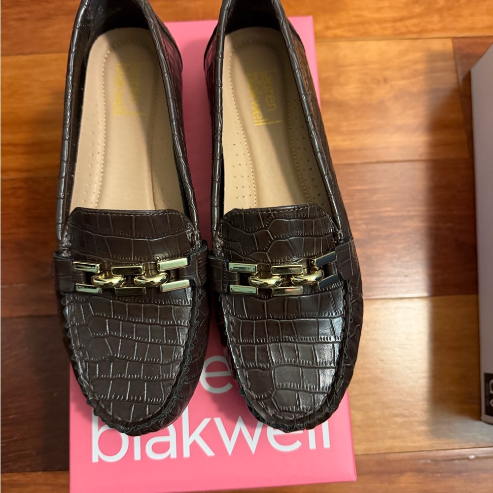 Croc-Embossed Dark Brown Loafers with Gold Accent